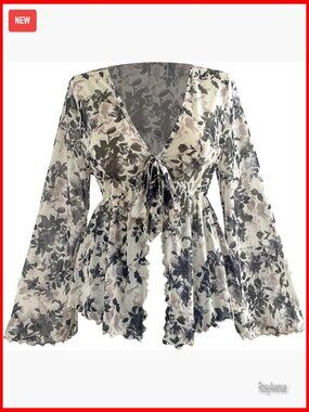 Plus Size Floral Bell Sleeve Ruffle Blouse Tie Front Peplum Flare Sheer Top